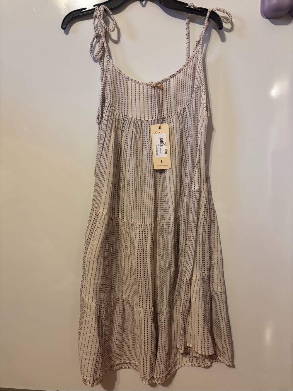 Miss Elaine Light Cream Striped Tiered Tie-Shoulder Mini Dress